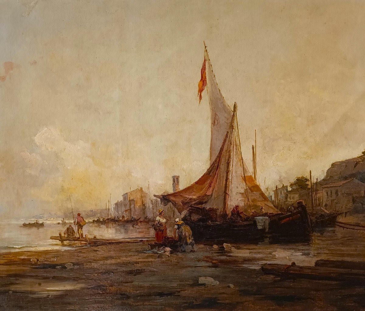 Olio su tela Marina con Laguna di Venezia datato 1877-photo-4