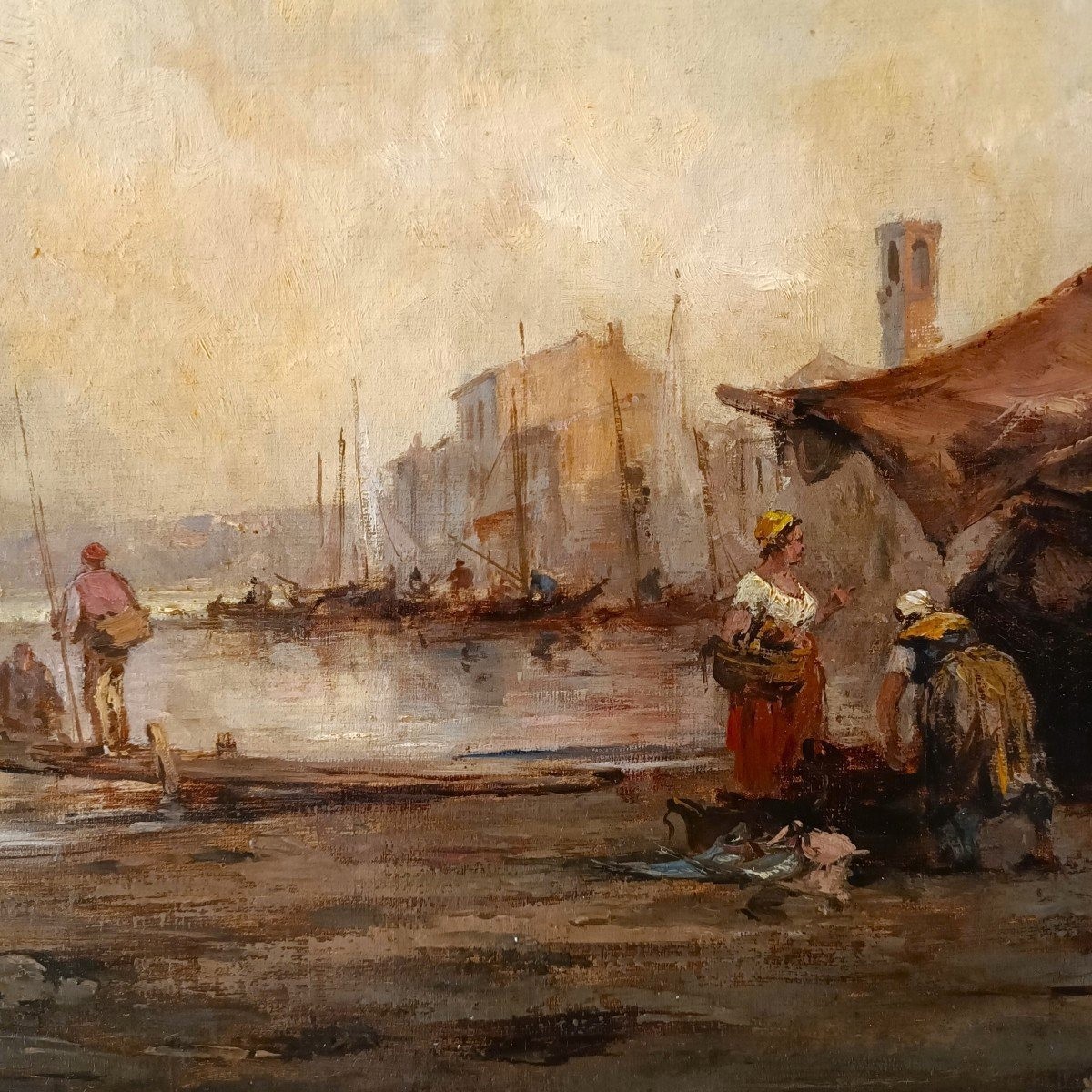 Olio su tela Marina con Laguna di Venezia datato 1877-photo-5