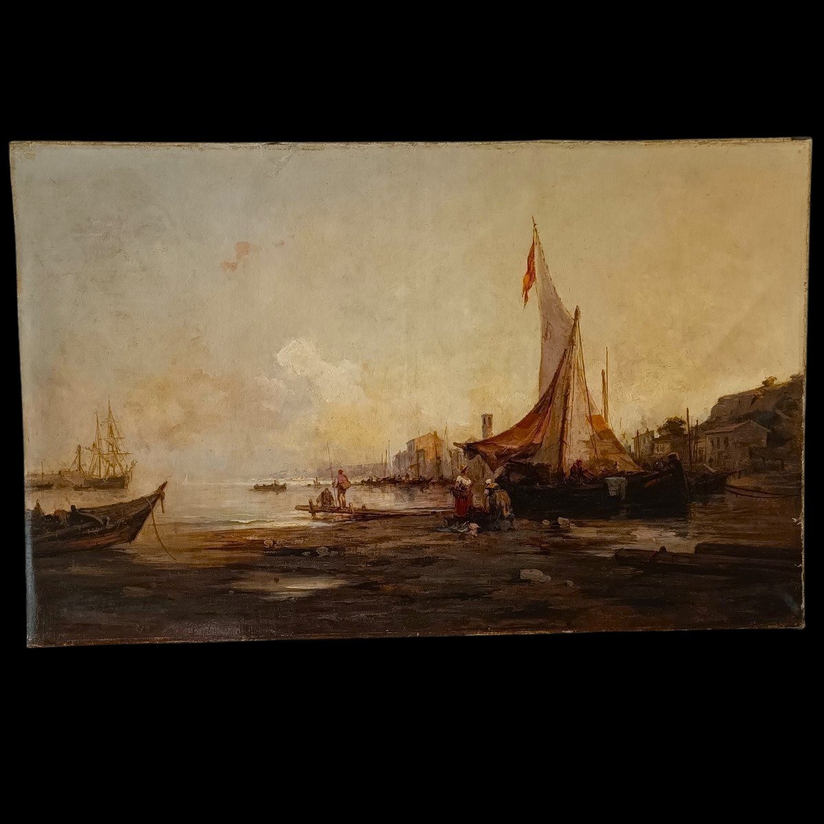 Olio su tela Marina con Laguna di Venezia datato 1877