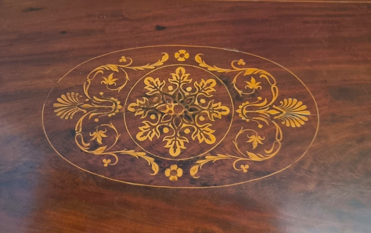 Tavolino da gioco Carlo X 1820 in acero e mogano con intarsi-photo-2