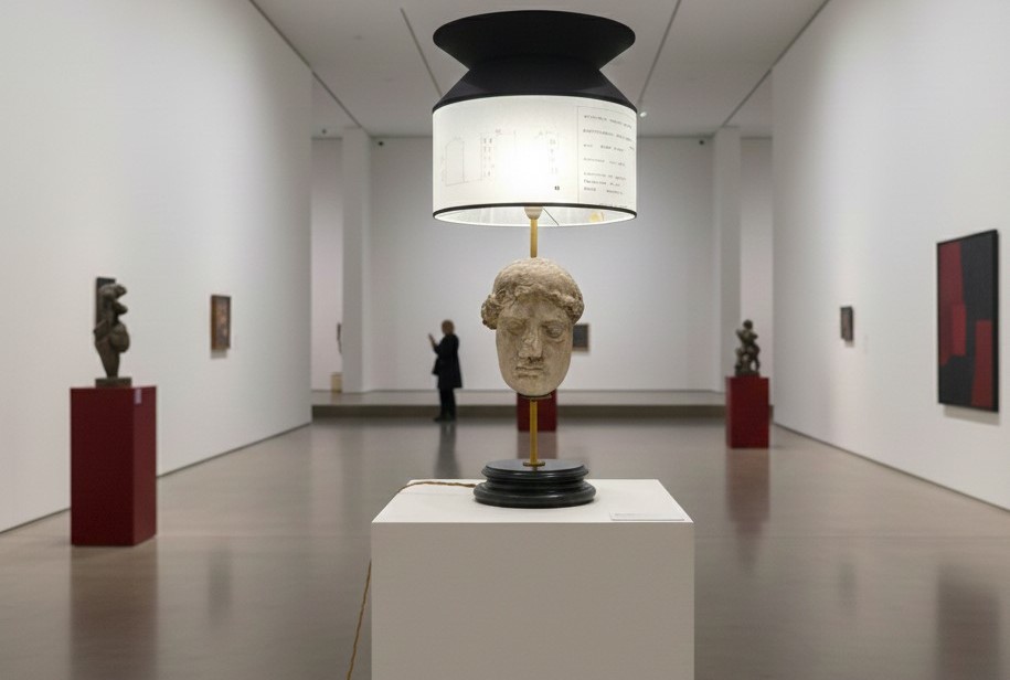 Lampada con testa in gesso e nerofumo, paralume con lucidi di architettura XX secolo-photo-3