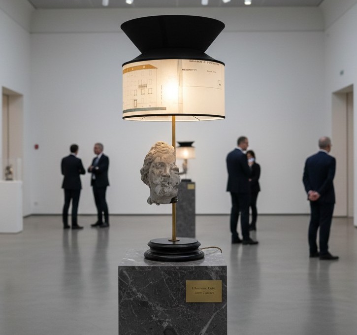 Lampada con testa in gesso e nerofumo, paralume con lucidi di architettura-photo-2