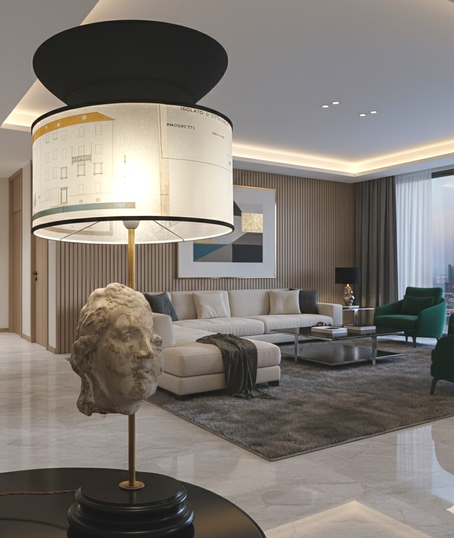 Lampada con testa in gesso e nerofumo, paralume con lucidi di architettura-photo-2