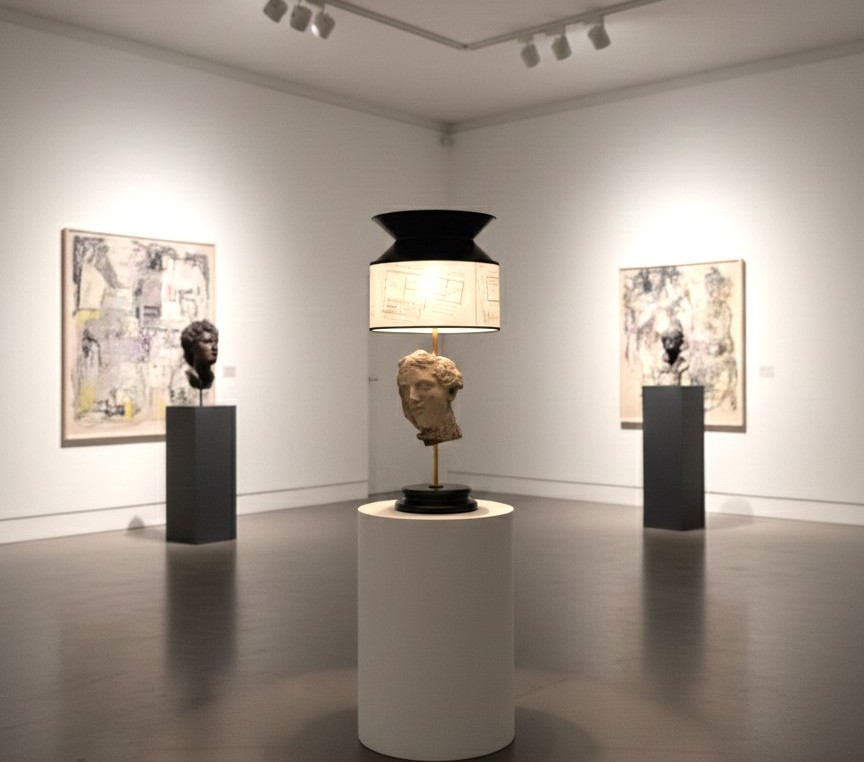 Lampada con testa in gesso e nerofumo, paralume con lucidi di architettura-photo-2