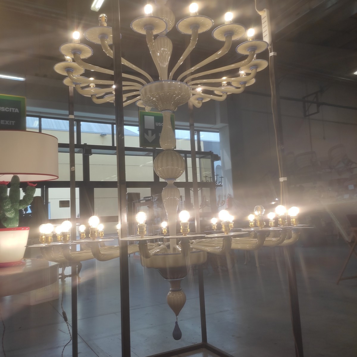 Grande lampadario a tre palchi in vetro di Murano 1930-photo-4