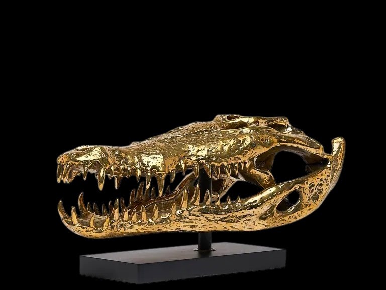 Scultura in bronzo dorato testa di coccodrillo arte moderna-photo-3
