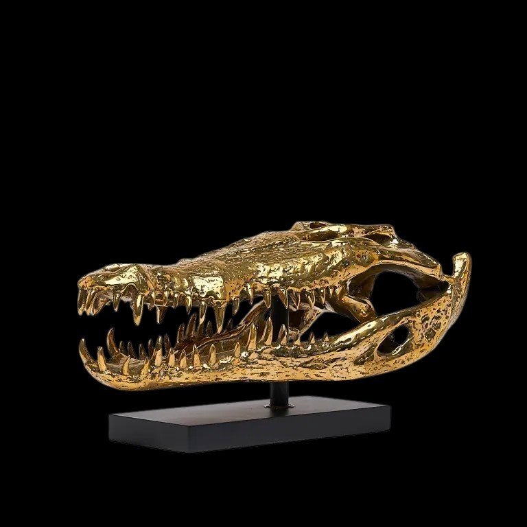 Scultura in bronzo dorato testa di coccodrillo arte moderna-photo-4