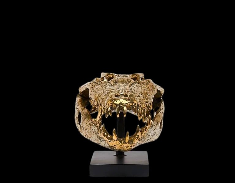 Scultura in bronzo dorato testa di coccodrillo arte moderna-photo-1