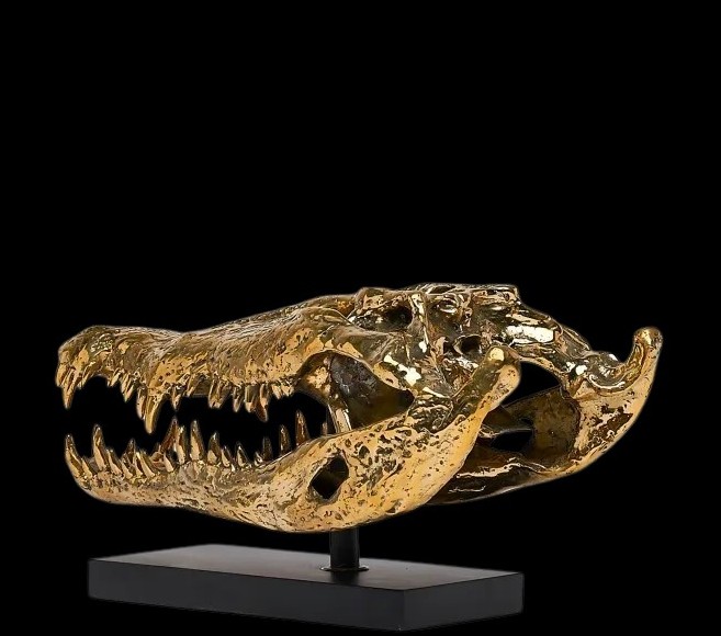 Scultura in bronzo dorato testa di coccodrillo arte moderna-photo-3
