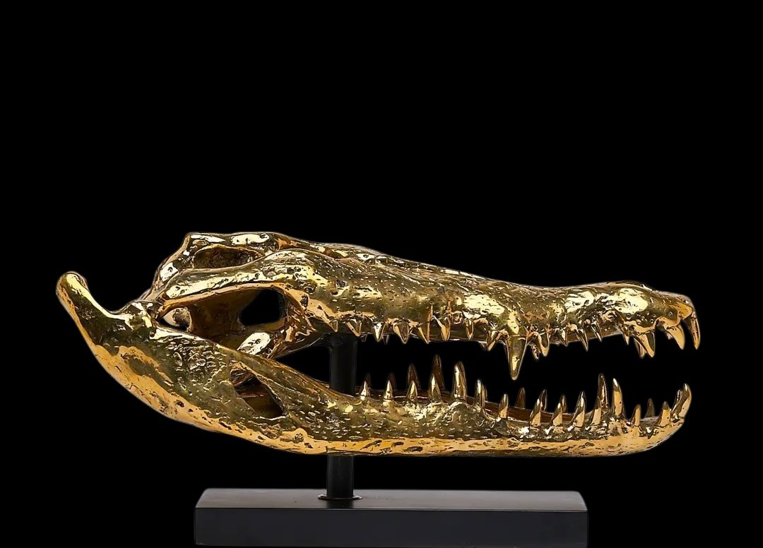Scultura in bronzo dorato testa di coccodrillo arte moderna-photo-4