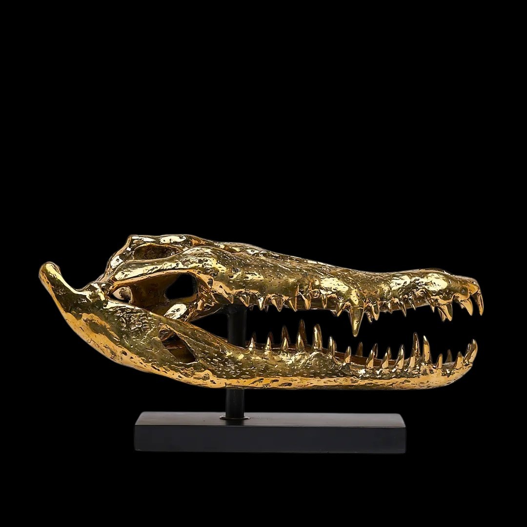 Scultura in bronzo dorato testa di coccodrillo arte moderna
