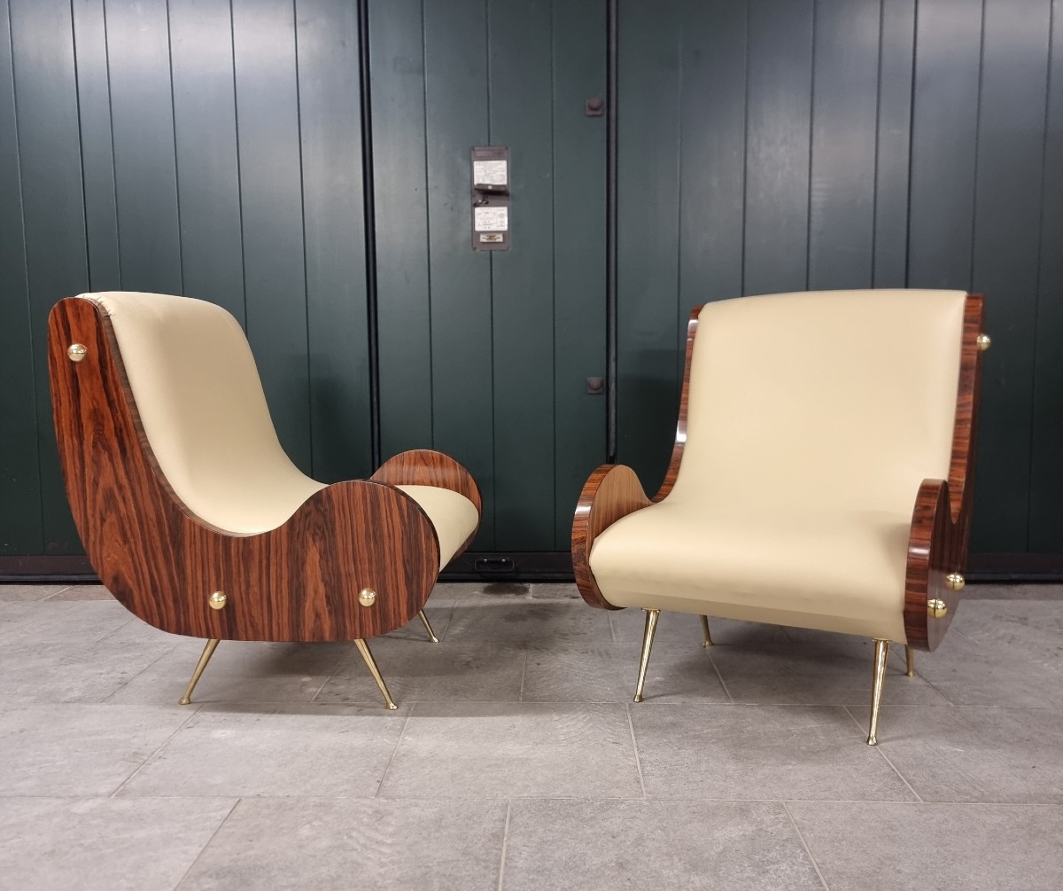 Coppia di poltrone stile vintage Art Decò braccioli in noce canaletto-photo-4