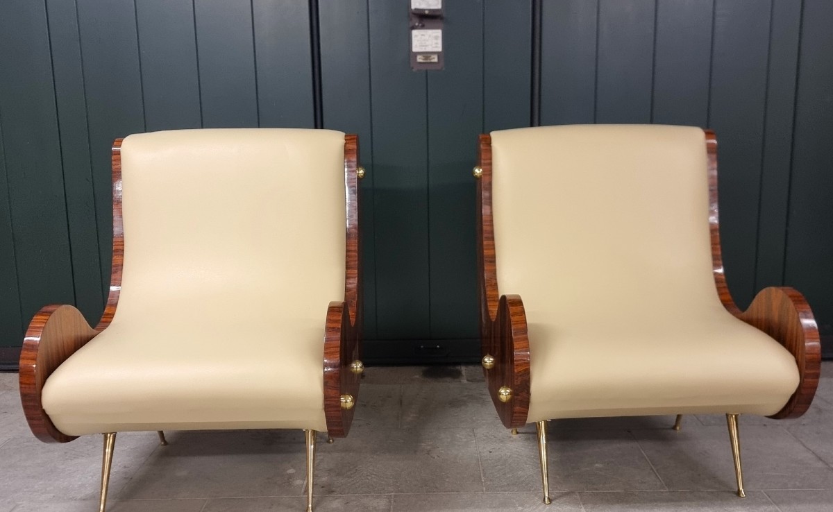 Coppia di poltrone stile vintage Art Decò braccioli in noce canaletto-photo-2