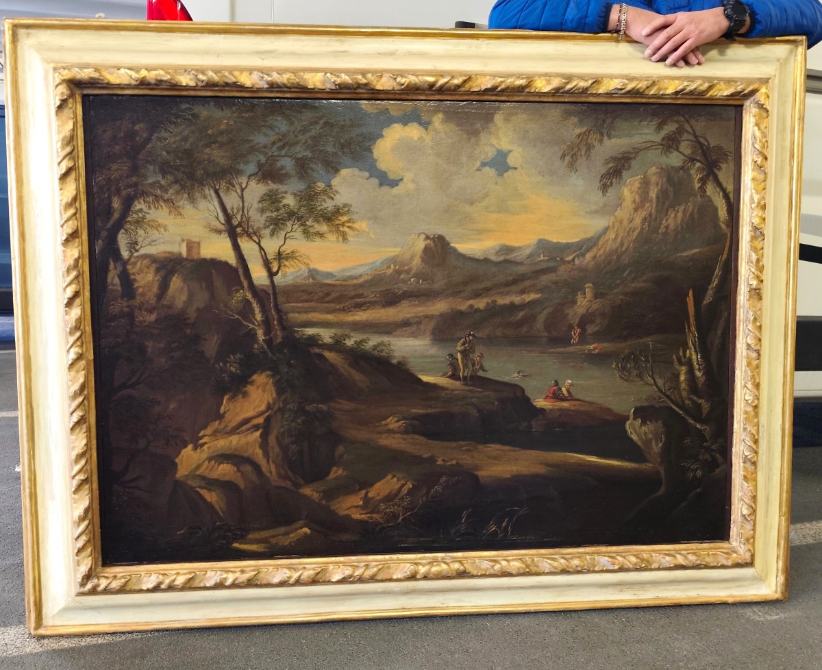 Olio su tela del 1720 Paesaggio con personaggi Andrea Locatelli 1695-1741-photo-2