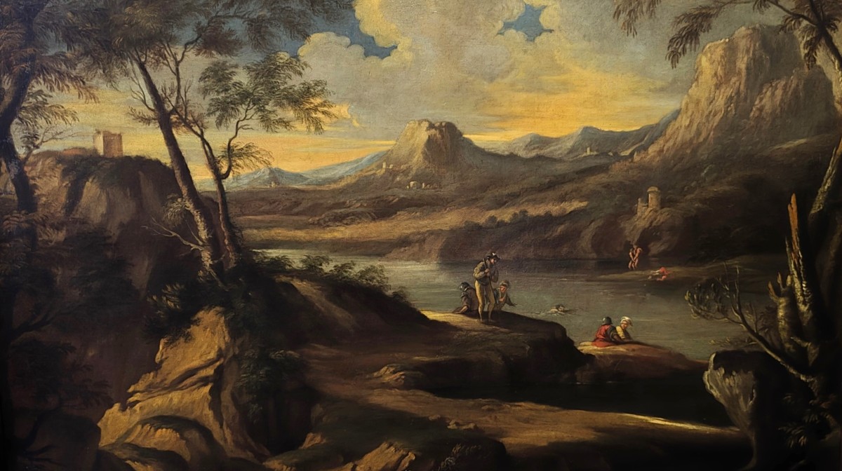 Olio su tela del 1720 Paesaggio con personaggi Andrea Locatelli 1695-1741-photo-3