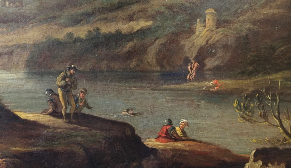 Olio su tela del 1720 Paesaggio con personaggi Andrea Locatelli 1695-1741-photo-5