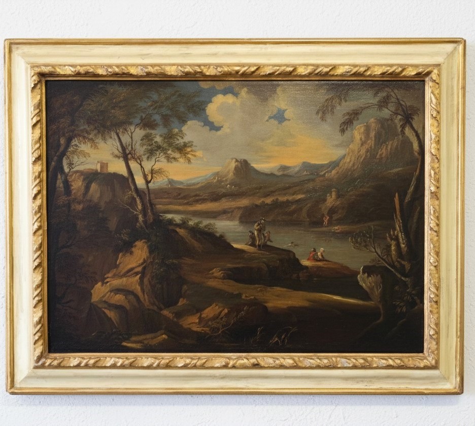 Olio su tela del 1720 Paesaggio con personaggi Andrea Locatelli 1695-1741