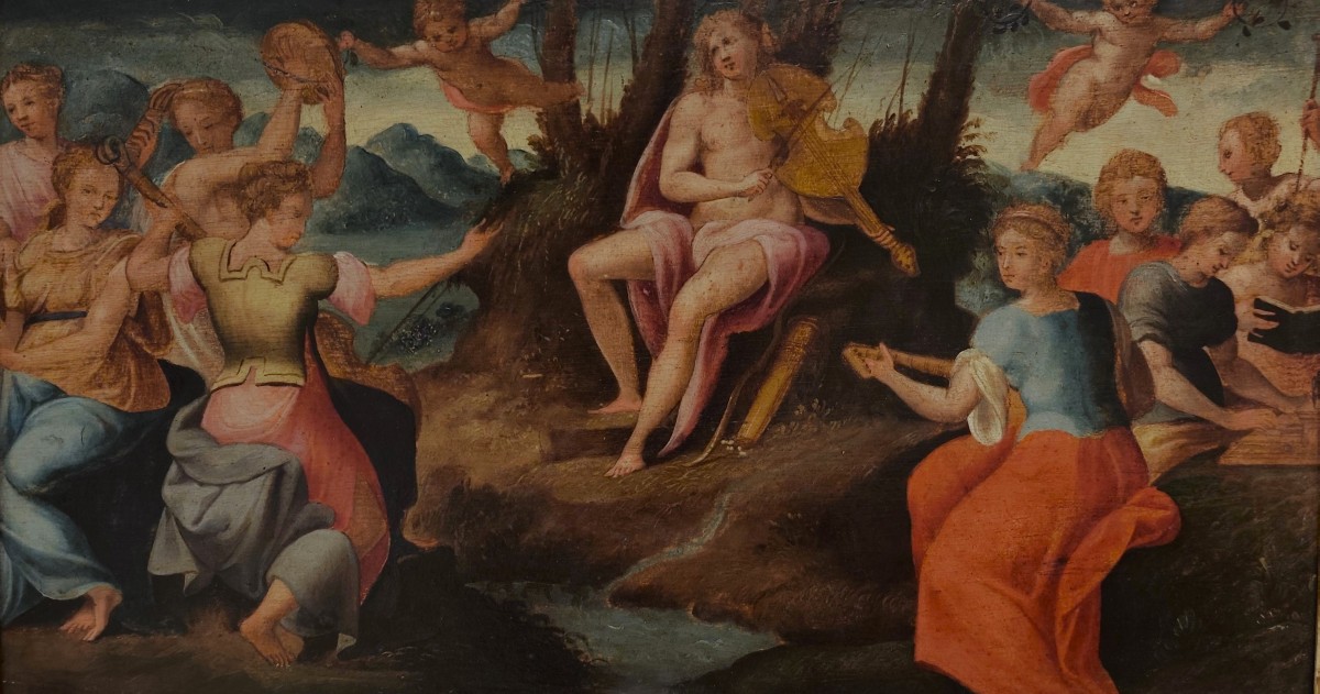 Olio su tavola ‘600 Apollo con le muse-photo-4