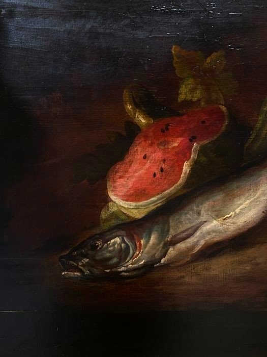 Olio su Tavola dell’800: Natura Morta con Cocomero, Merluzzo e Limone-photo-2