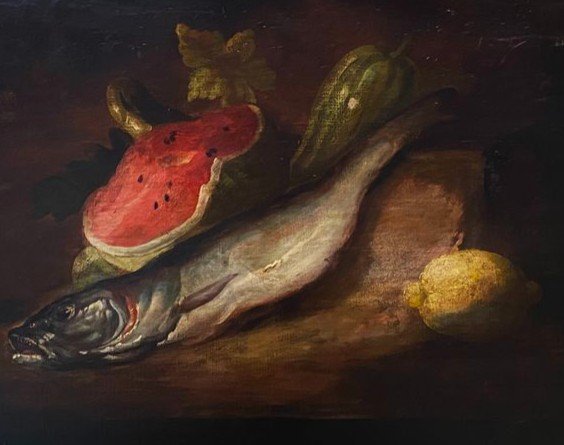 Olio su Tavola dell’800: Natura Morta con Cocomero, Merluzzo e Limone-photo-2
