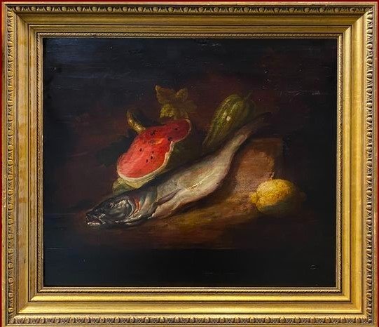 Olio su Tavola dell’800: Natura Morta con Cocomero, Merluzzo e Limone