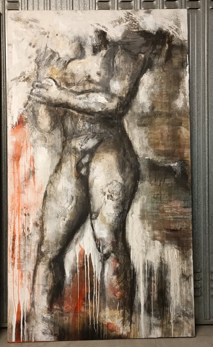 Coppia di olii su tela nudo figurativo arte moderna firmato 1960/70-photo-2