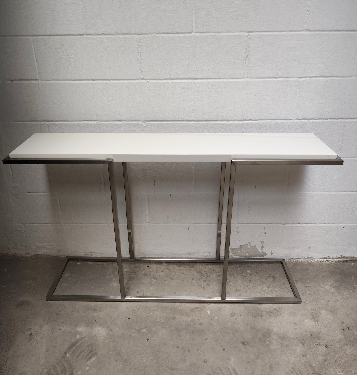 Consolle acciaio con piana laccata bianco panna vintage stile Guy Lefevre per Maison Jansen 80-photo-2