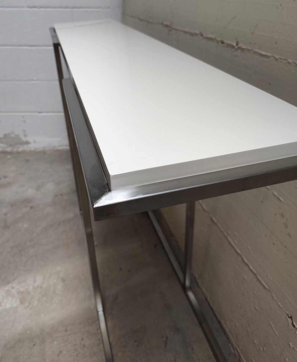 Consolle acciaio con piana laccata bianco panna vintage stile Guy Lefevre per Maison Jansen 80-photo-3