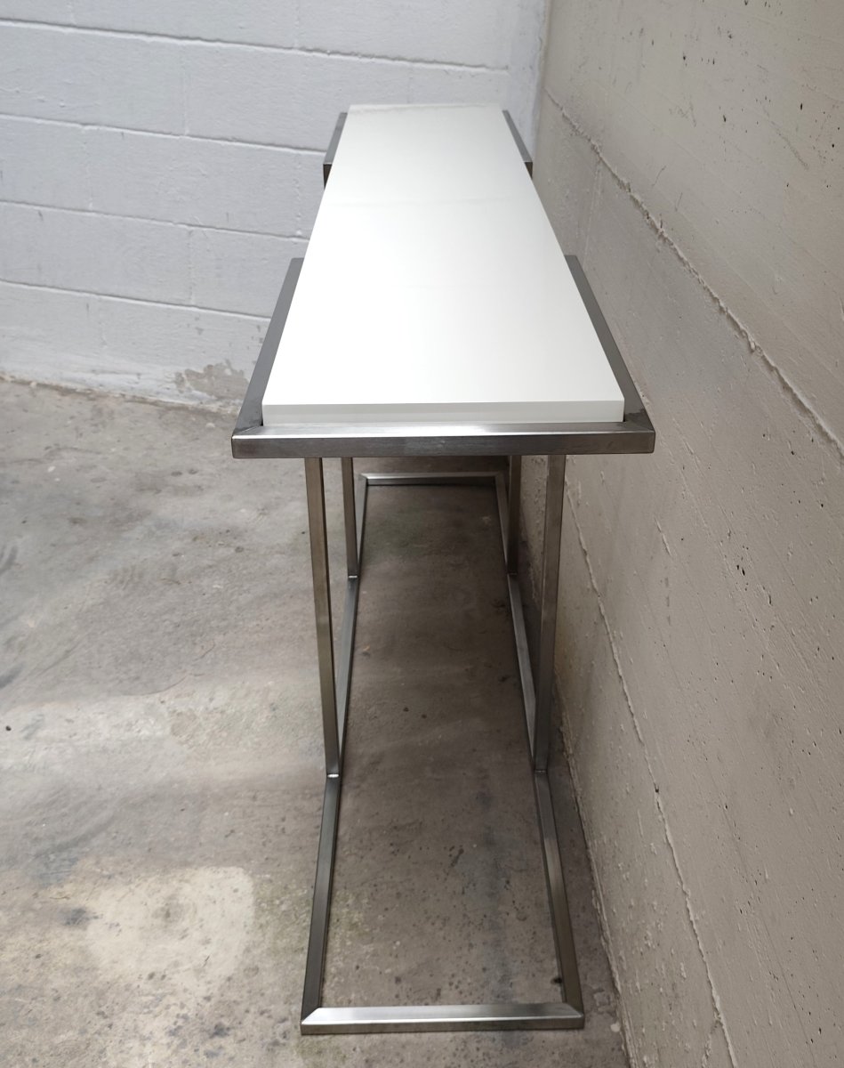 Consolle acciaio con piana laccata bianco panna vintage stile Guy Lefevre per Maison Jansen 80-photo-4