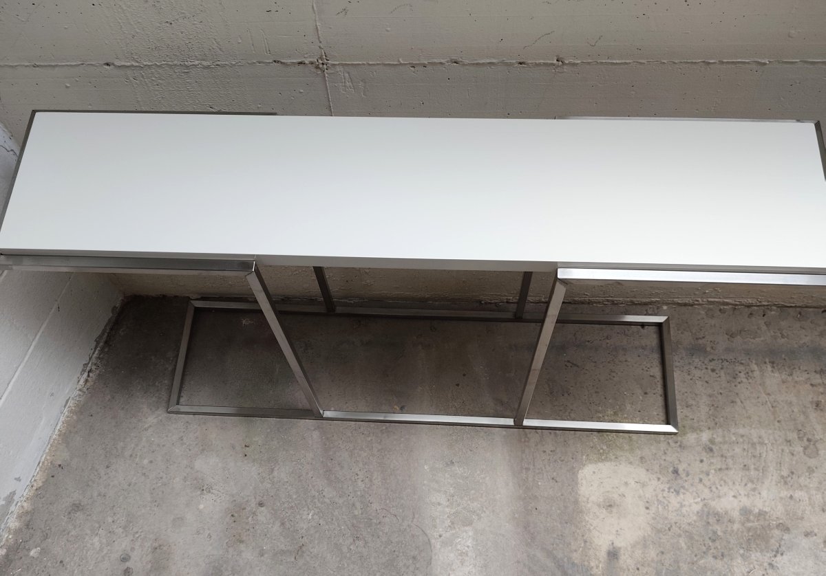 Consolle acciaio con piana laccata bianco panna vintage stile Guy Lefevre per Maison Jansen 80-photo-1