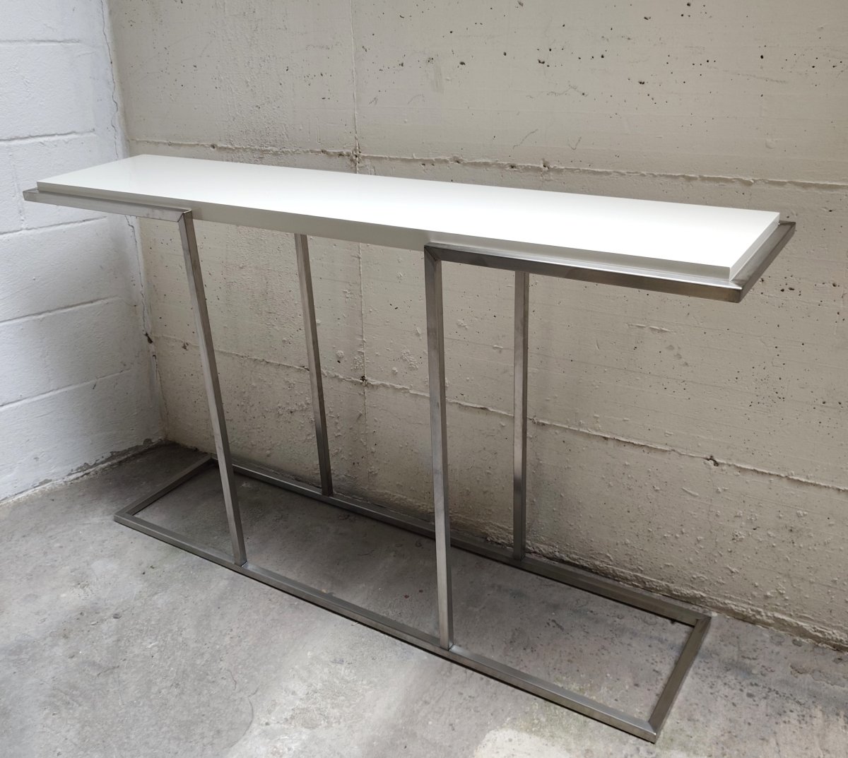 Consolle acciaio con piana laccata bianco panna vintage stile Guy Lefevre per Maison Jansen 80-photo-2