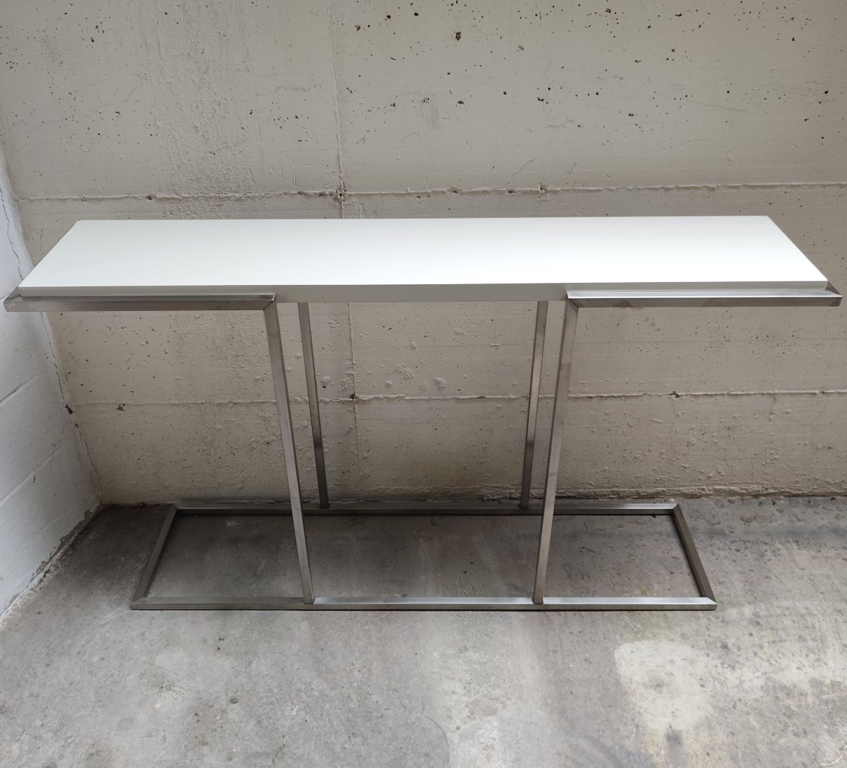 Consolle acciaio con piana laccata bianco panna vintage stile Guy Lefevre per Maison Jansen 80-photo-3