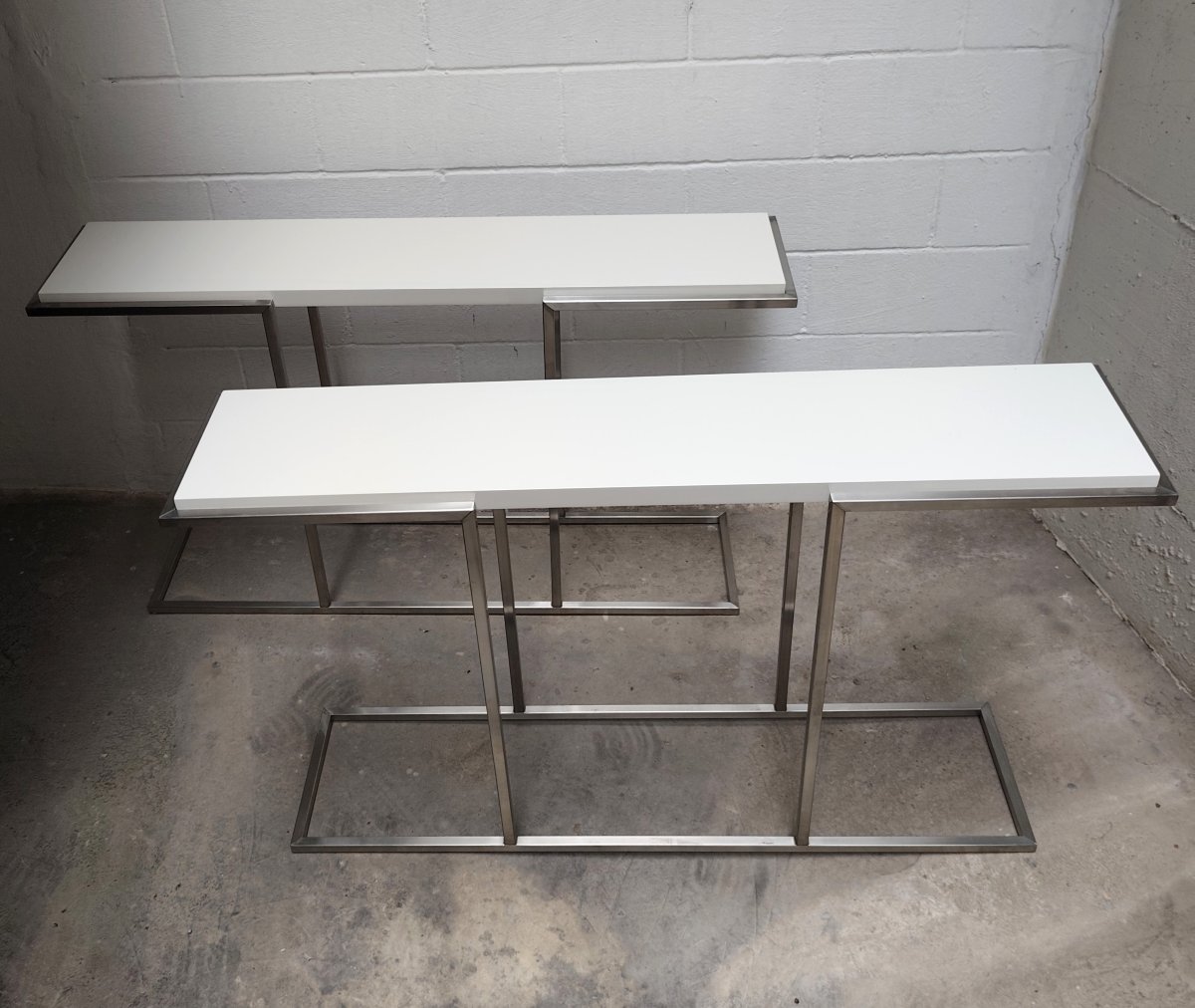 Consolle acciaio con piana laccata bianco panna vintage stile Guy Lefevre per Maison Jansen 80-photo-4