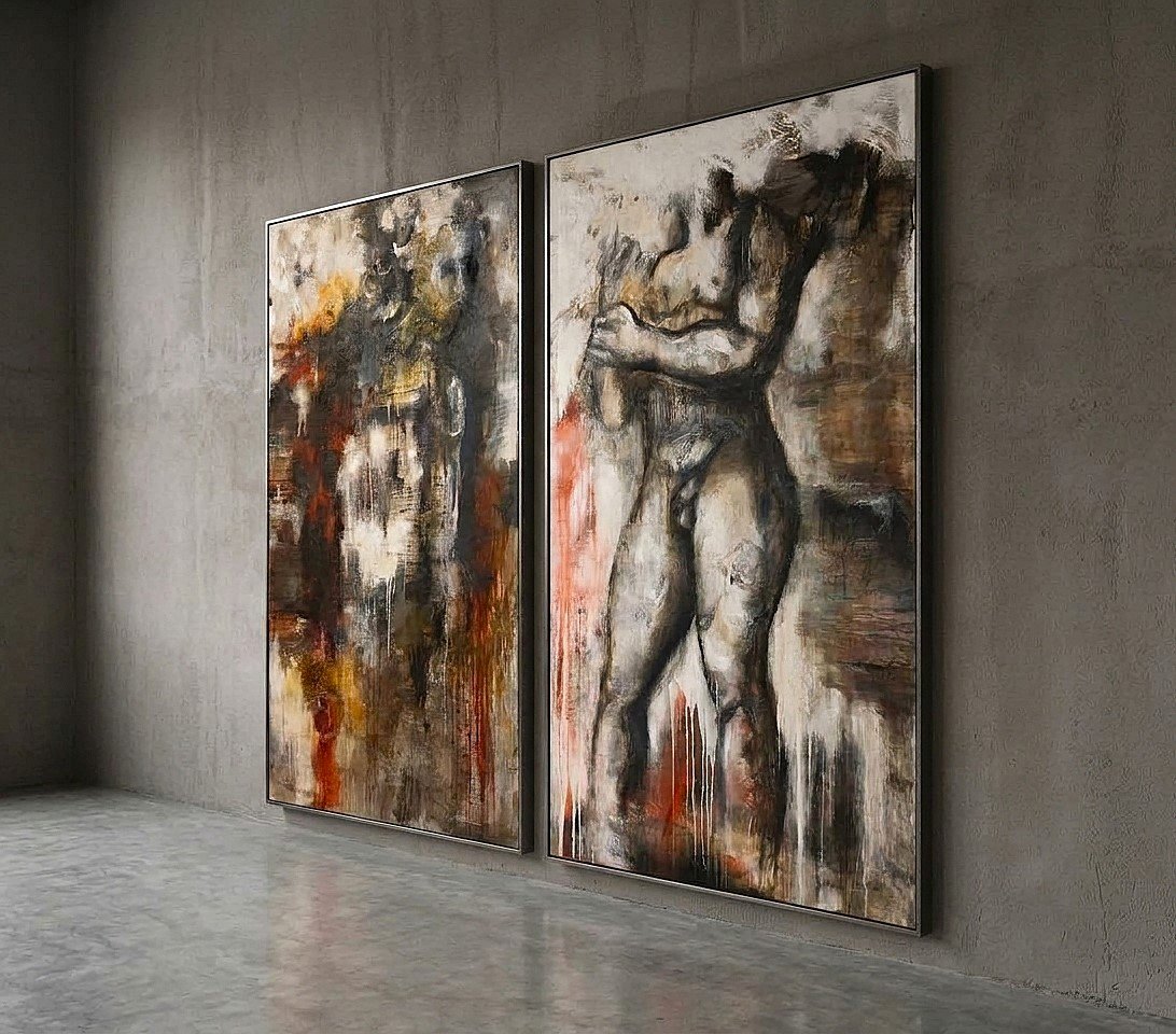 Coppia di olii su tela nudo figurativo astratto arte moderna firmato 1960/70-photo-4