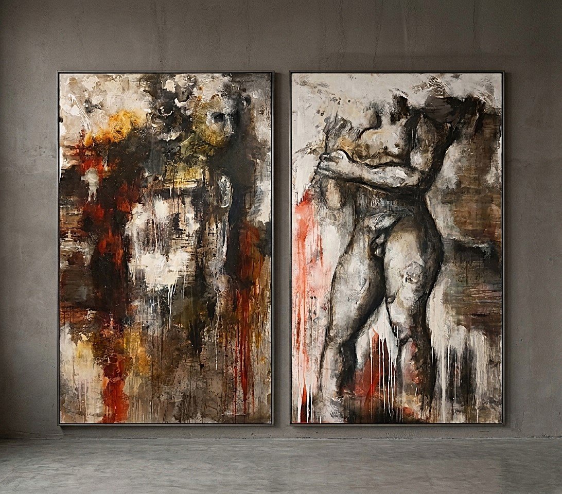 Coppia di olii su tela nudo figurativo astratto arte moderna firmato 1960/70