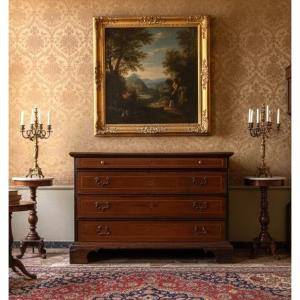 Cassettone Emiliano del 1700 a 4 cassetti in noce biondo lastronato