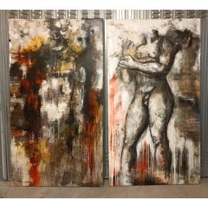 Coppia di olii su tela nudo figurativo arte moderna firmato 1960/70