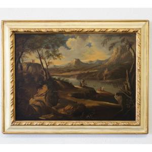 Olio su tela del 1720 Paesaggio con personaggi Andrea Locatelli 1695-1741