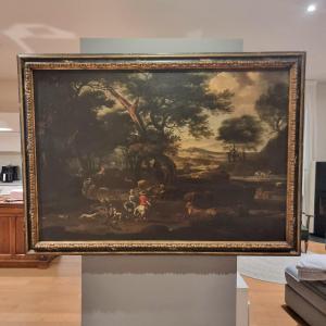 Olio su tela del 600 Paesaggio con personaggi Jan van Bloemen 1662-1749