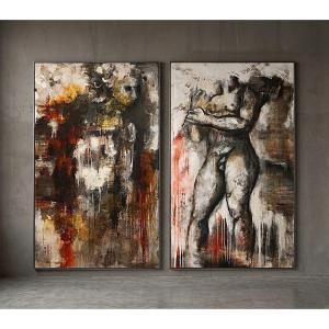 Coppia di olii su tela nudo figurativo astratto arte moderna firmato 1960/70