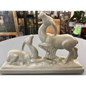 Pair Of Antelopes In Earthenware By Charles Lemanceau, Art Deco Period