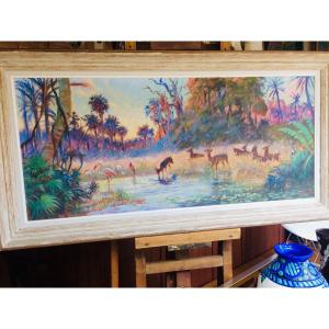 Matteo Brondy: Large Orientalist Painting "the Oasis In Africa"