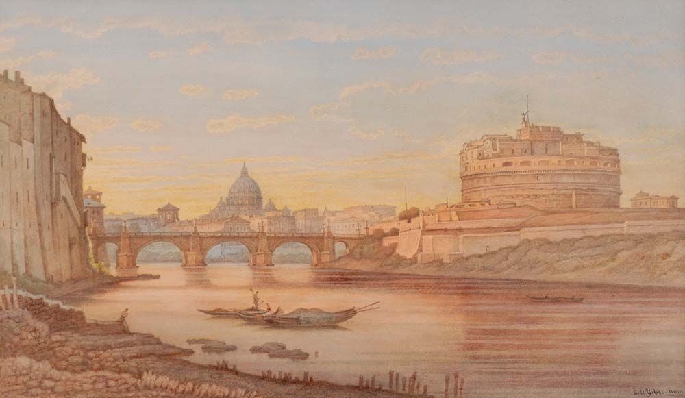 JULIUS ZIELCKE - Castel Sant'Angelo e San Pietro visti dal Tevere, Roma