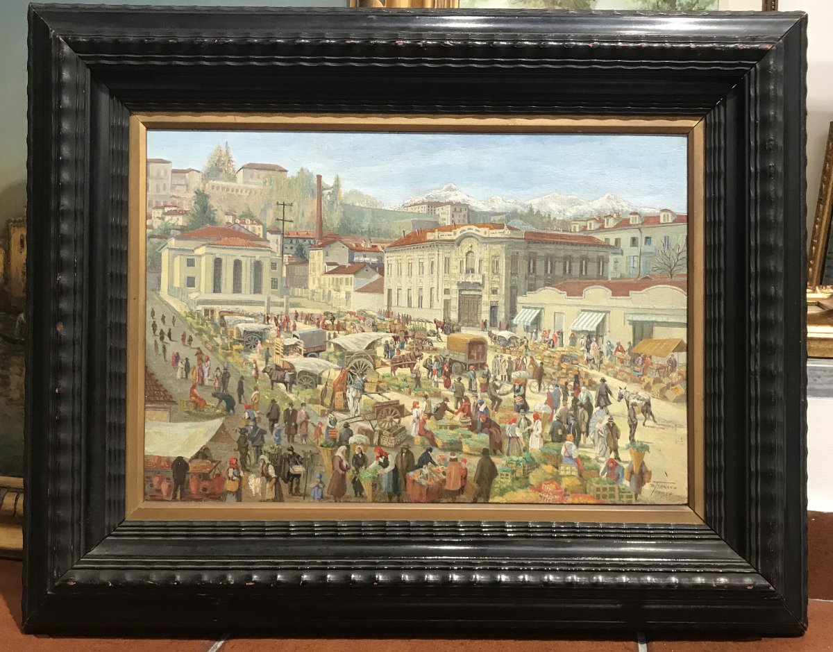 DEMETRIO TABACCO - Mercato in Piazza della Funicolare, Biella  1934