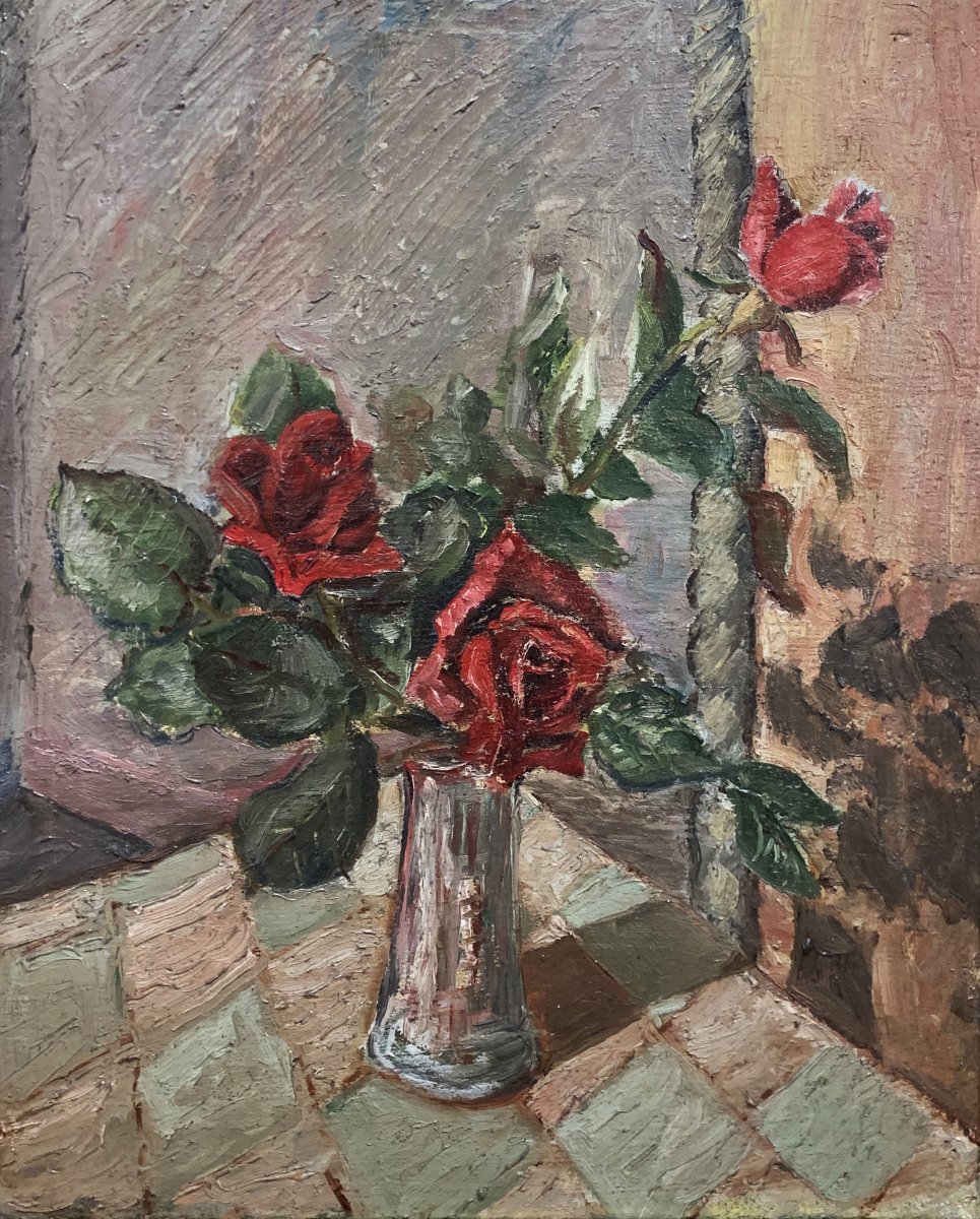 OSCAR  SACCOROTTI - Natura morta, vaso con rose rosse-photo-2