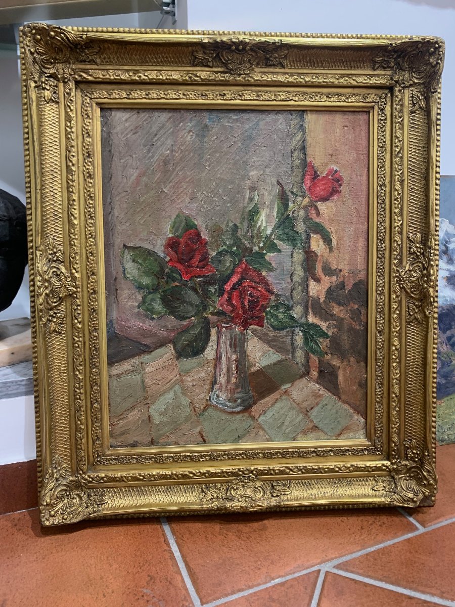 OSCAR  SACCOROTTI - Natura morta, vaso con rose rosse