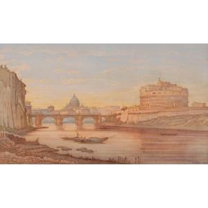 JULIUS ZIELCKE - Castel Sant'Angelo e San Pietro visti dal Tevere, Roma
