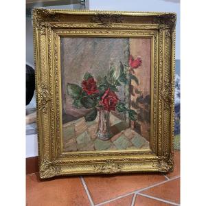 OSCAR  SACCOROTTI - Natura morta, vaso con rose rosse
