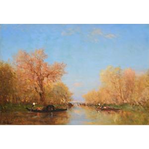 Felix Ziem "the French Garden In Venice", Oil On Canvas Signed.