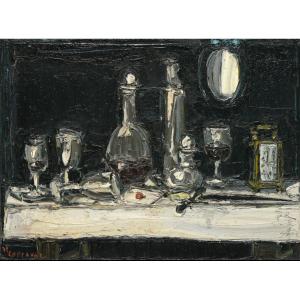 André Cottavoz, "black Still Life", Large Oil On Canvas, Signed. 